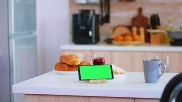 Chroma Key on smartphone in kitchen while woman opens refrigerator door holding box with eggs. Green screen chroma mock up isolated mockup background ready to be replaced with your text, logo or advertisement. Using internet, social networks and browsing video