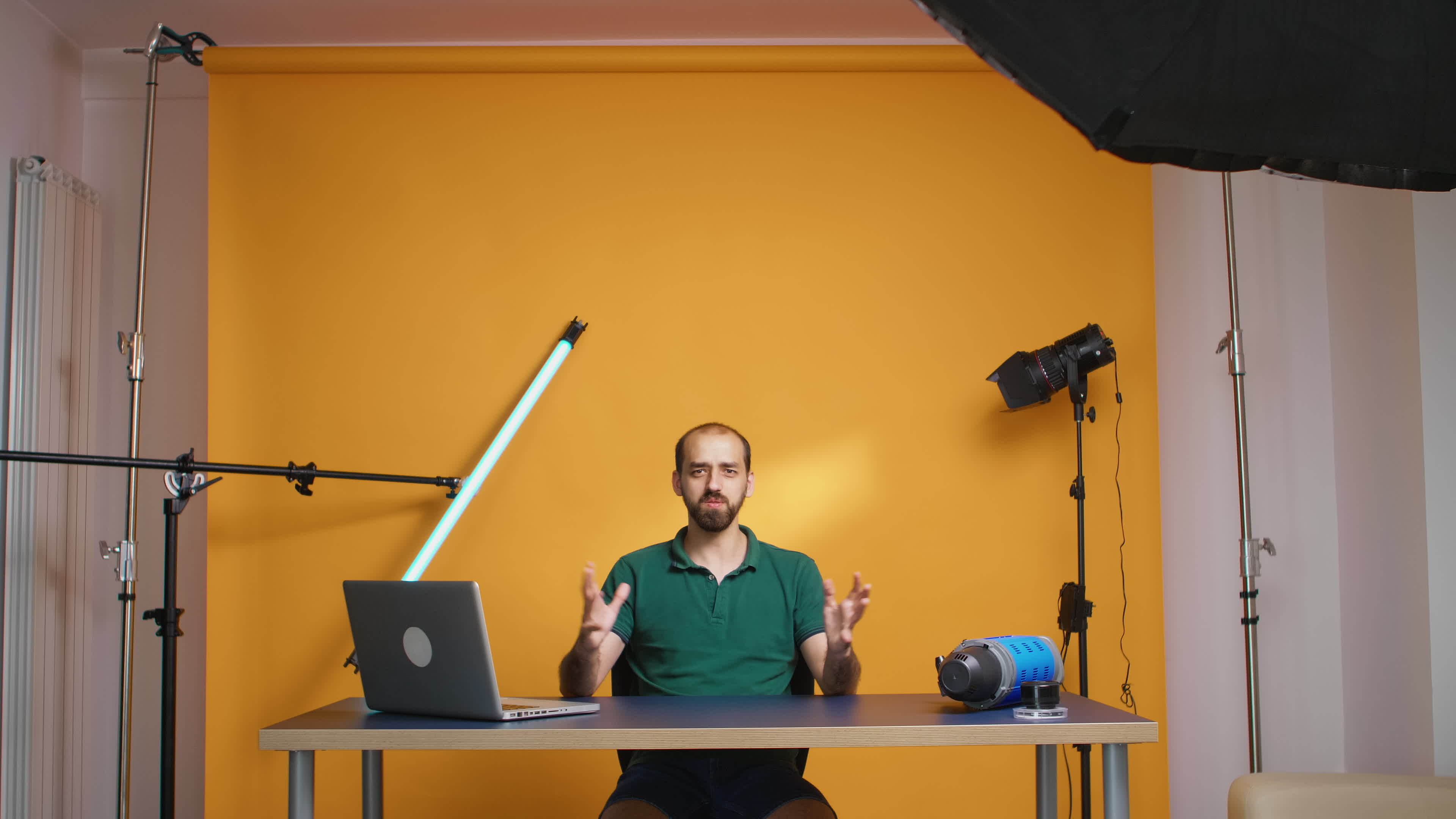 Happy famous content creator recording intro for his vlog and Happy famous content creator recording intro for his vlog and