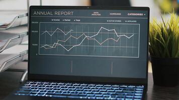 Business diagram and figures on laptop left open on desk in empty workplace, close up. Financial annual report charts on notebook screen in company accounting department office, panning shot video