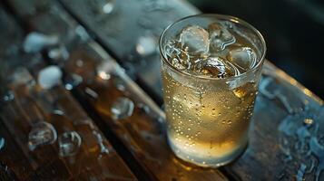 AI generated Refreshing Lemonade in Glass with Condensation Drops Bathed in Inviting Natural Light photo