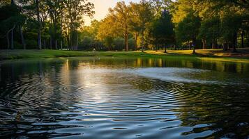 ai generado tranquilo puesta de sol yoga por aislado estanque abrazando naturalezas pacífico armonía foto