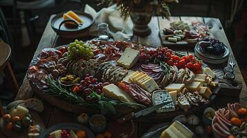 AI generated Artfully Arranged Charcuterie Board on Rustic Table Bathed in Soft Natural Light photo