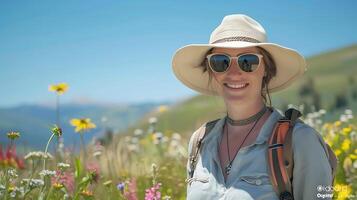 AI generated Woman in WideBrimmed Hat and Sunglasses Admires Mountain View with Wildflowers Captured with Telephoto Lens photo