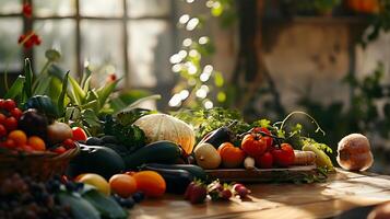 AI generated Rustic Dinner Spread with Colorful Fruits Cheeses and Wine Set on a Wooden Table with Floral Accents photo