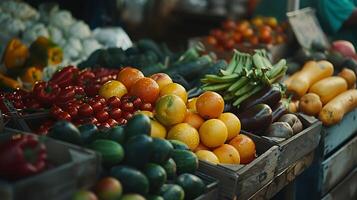 ai generado vibrante Fresco frutas y vegetales arreglado en de madera mesa a local agricultores mercado foto