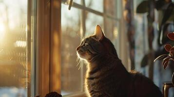 ai generado atigrado gato curiosamente mirando fuera iluminado por el sol ventana capturado en medio de cerca con 50 mm lente foto