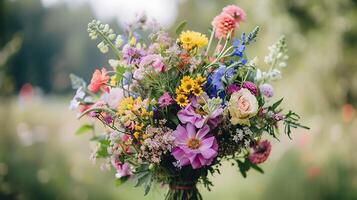 AI generated Vibrant Bouquet in Rustic Vase Blooms Against Soft Background photo