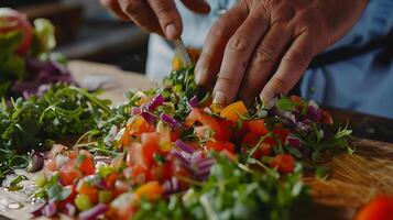 AI generated Chefs Precision A Macro View of Vibrant Salad Preparation with Skillful Chopping and Colorful Fresh Ingredients photo