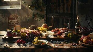 ai generado suntuoso charcutería untado quesos carnes frutas y un pan en rústico mesa en suave natural ligero foto