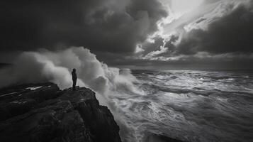 ai generado solitario figura contempla turbulento Oceano abrazando poder y humildad en naturalezas vasto extensión foto