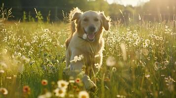 AI generated Golden Retriever Frolics Through Sunlit Meadow Captured with 50mm Lens Emphasizing Joyful Canine Energy photo