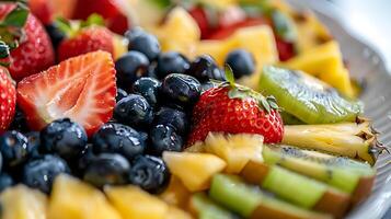 AI generated Vibrant Fruit Platter Showcases Freshness and Juiciness Captured in Stunning Macro Detail photo