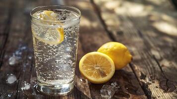 AI generated Refreshing Glass of Sparkling Water with Lemon and Ice Bathed in Soft Natural Light photo