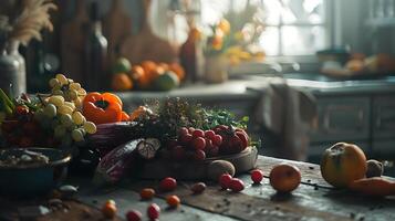 AI generated Rustic Charcuterie Delight Artfully Arranged Meats Cheeses Fruits and Nuts Bathed in Soft Natural Light photo