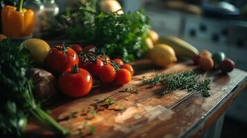 AI generated Abundant Harvest Fresh Fruits Vegetables and Herbs Set on Sunlit Wooden Table photo