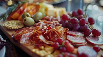 AI generated Artfully arranged charcuterie platter showcased with soft natural light highlighting textures colors and appetizing assortment photo