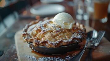 AI generated Goldenbrown Apple Pie Delights with Melting Vanilla Ice Cream on Rustic Table photo