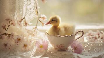 AI generated Whimsical Duckling in Teacup Surrounded by Flowers Bathed in Soft Morning Light Evokes Warmth and Charm photo