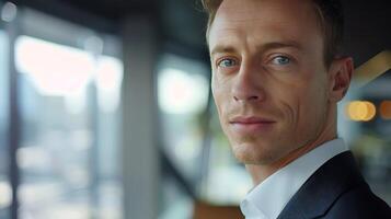 AI generated Modern Businessman Contemplates City Skyline Through Office Window with Crisp 50mm Lens Detail photo