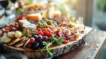 AI generated Rustic Charcuterie Delight Assorted Cheeses Meats Fruits and Nuts on a Decorated Wooden Table Bathed in Soft Natural Light photo