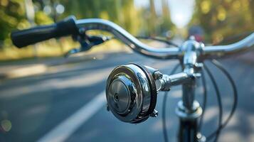 ai generado bicicleta campana detalle atención en 50 mm Disparo capturar campanas detalles en contra borroso bicicleta manillar y la carretera adelante foto