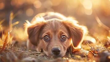 ai generado curioso perrito toma el sol en luz de sol capturado en de cerca con 50 mm lente foto