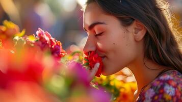 ai generado mujer abraza puesta de sol serenidad en acantilado bañado en calentar dorado ligero foto