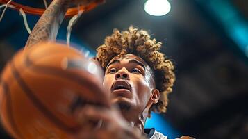 AI generated Determined Basketball Player Executes Layup in Packed Stadium  Focus on Players Expression and Crowded Cheering Fans photo