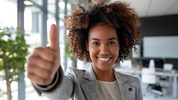 AI generated Confident Businesswoman Poses in Modern Office with City Skyline Exuding Professionalism and Success photo