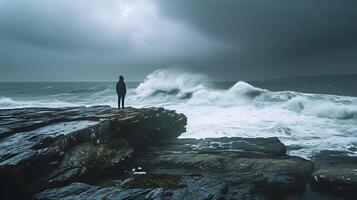 AI generated Resilient Figure Gazing at Ocean Echoes Emotions Embracing Uncertainty with Determination photo