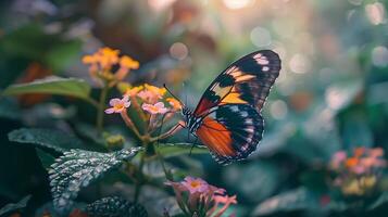 ai generado vistoso mariposa encaramado en vibrante flor iluminado por suave natural ligero foto