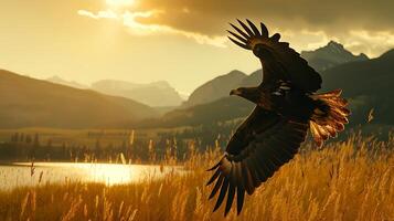 ai generado águila se eleva encima montaña paisaje ciervo graciosamente bebida caminantes atravesar devanado sendero vibrante fauna silvestre en sereno armonía foto