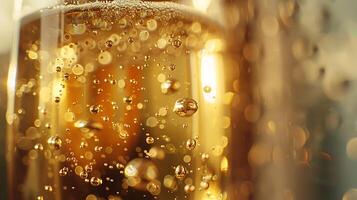 AI generated Effervescent Champagne Bubbles Dance in Golden Sunlight Captured with Macro Lens photo