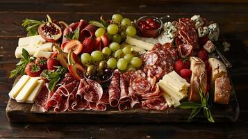 AI generated Artfully Arranged Charcuterie Board Featuring Assorted Cheeses Meats Fruits and Nuts Against Rustic Wooden Background with Soft Natural Light photo