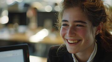 AI generated Young Woman Enjoys Music and Smartphone in CloseUp Shot with Wireless Headphones photo