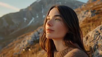 AI generated Young Woman Enjoys Music and Smartphone in Close Up Shot with Wireless Headphones photo