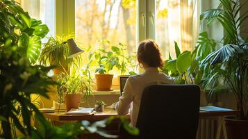 AI generated Serene Home Office Oasis Business Person Surrounded by Greenery Natural Light and Peaceful Ambiance photo