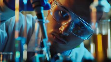 AI generated Scientist Examines Microscopic World in Laboratory Setting Surrounded by Scientific Equipment and Test Tubes photo