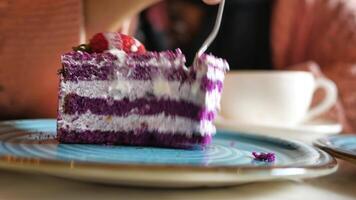 Coupe une pièce de violet velours gâteau avec crème video