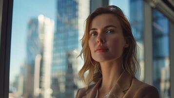 AI generated Confident Young Businesswoman in Modern Office Space City Skyline Background Smiling and Professional photo