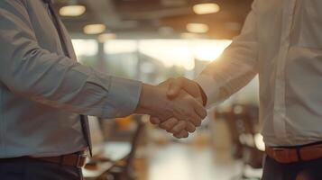 AI generated Business Professionals Seal Deal in Modern Office Ambience with Warm Natural Light photo