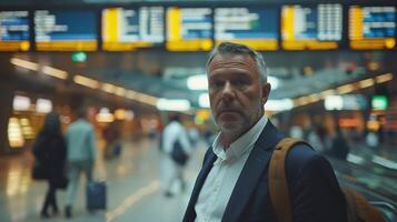 AI generated Confident Businessman Navigates Busy Airport Terminal Surroundings Blur in 50mm Lens Capture photo