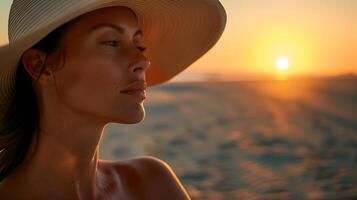 ai generado mujer admira puesta de sol en playa enmarcado por ala ancha sombrero capturado con soñador telefotográfico lente foto