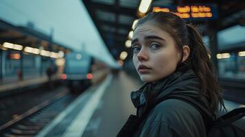 ai generado joven mujer sonrisas en inalámbrico auriculares disfrutando música en moderno teléfono inteligente foto