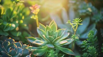 AI generated Vibrant succulent with water droplets in closeup against blurred potted plants photo