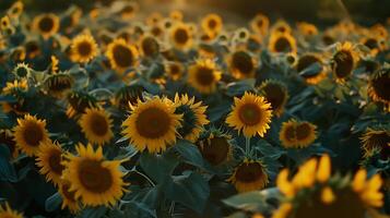 ai generado dorado hora girasol campo bañado en suave noche ligero foto