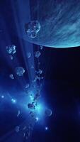 a large cluster of asteroids near an unknown planet, vertical video