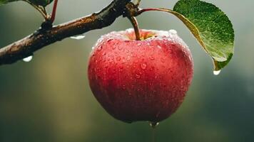 ai generiert reif rot Apfel Obst auf Baum Ast im organisch Obstgarten im Regen video