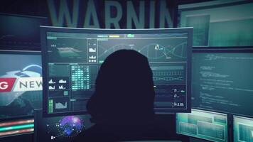 Female hacker person silhouette in front of many screens with code, skull virus and programs video