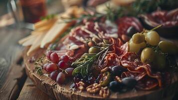 AI generated Charcuterie Delight Rustic Presentation of Meats Cheeses Fruits and Nuts on Wooden Table photo